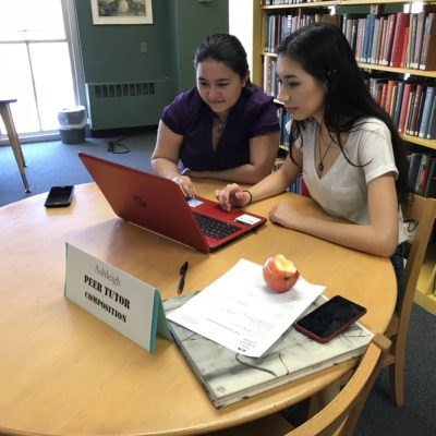 Two female students study in NEC's library