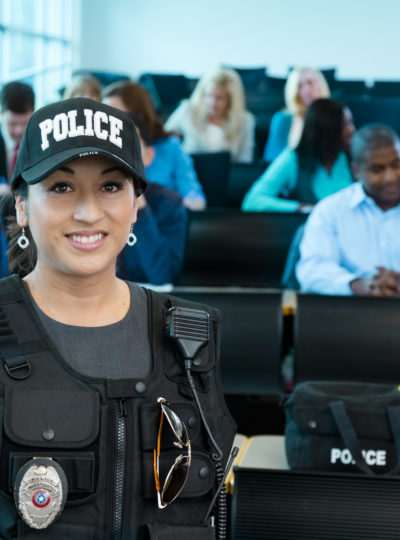 Female police officer speaks to class
